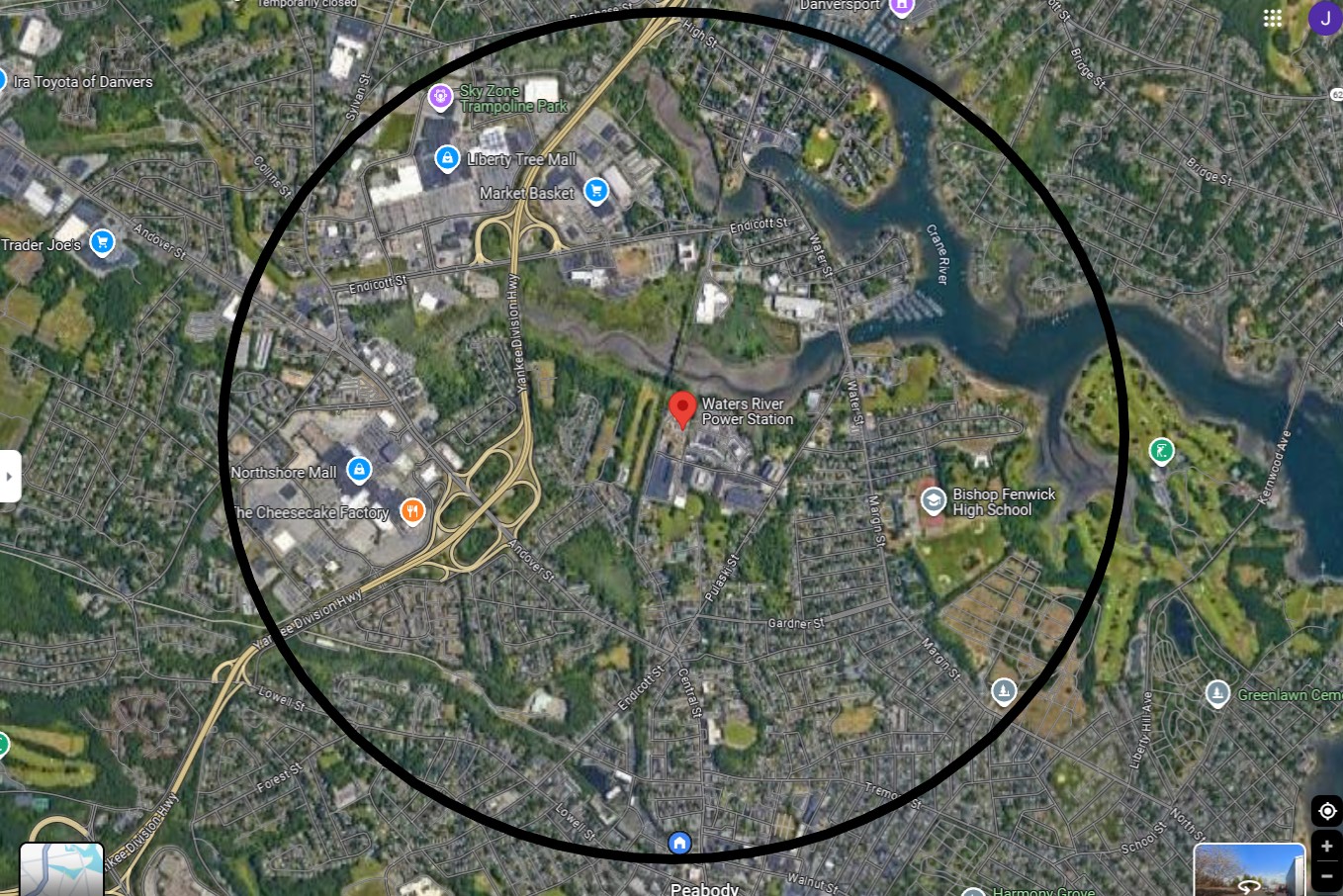 map centered on Waters River electric plant in Peabody